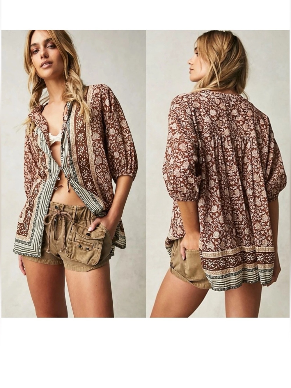 Free People Bohemian Retro 70s Border Batik Button Down Kimono Shirt Size XL